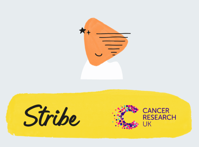 illustration for a webinar collaboration between stribe and cancer research UK - the two company logos are displayed together on a colourful background