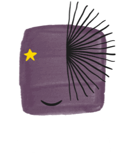 abstract illustration of a little purple character who appears happy