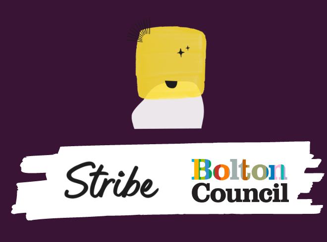 illustration for a webinar collaboration between stribe and Bolton Council - the two company logos are displayed together on a colourful background