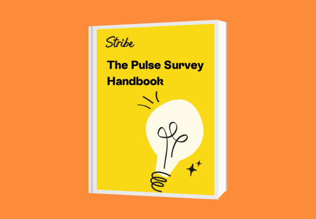 A graphic of the front of a book. The book is yellow with text on the front that says 'The Pulse Survey Handbook' the book also includes the best employee pulse survey questions to ask.